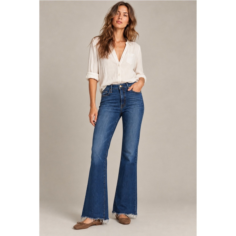 Mother The Weekender Fray Jeans 31 Blue Flare High Rise Raw Hem Teaming Up Boho
